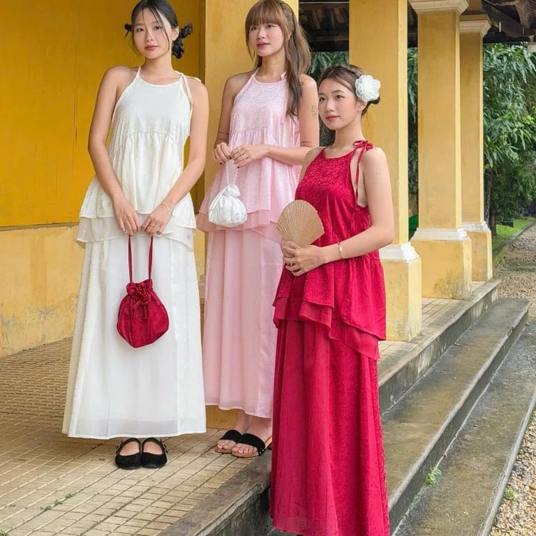 Set yếm HVN gấm kem 2 dây