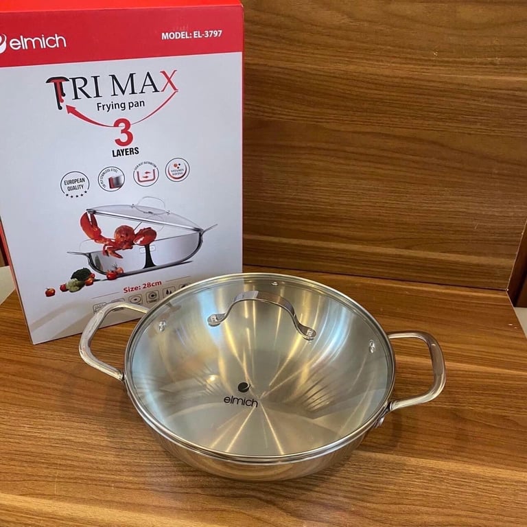 CHẢO XÀO INOX CAO CẤP 3 LỚP ĐÁY LIỀN VUNG KÍNH ELMICH TRIMAX