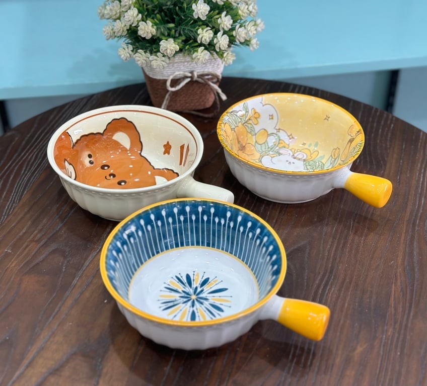 Set 3 tô sứ tròn thổ cẩm có tay cầm 15cm