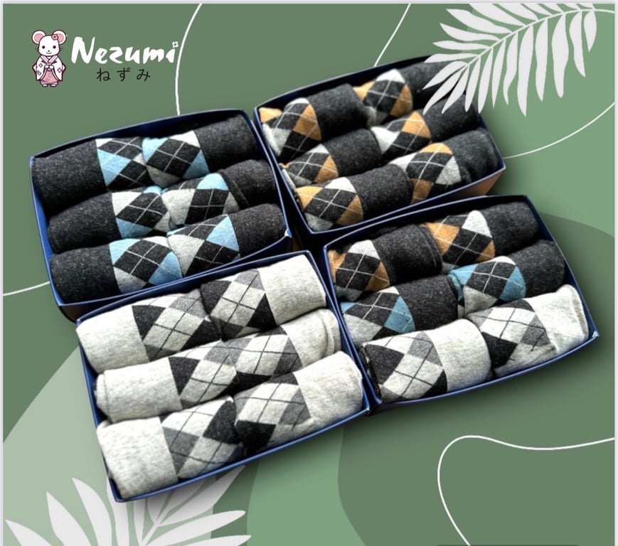 Combo Hộp 6 đôi tất cổ cao mềm mịn, kháng khuẩn có hoạ tiết trám nezumi Nhật Bản