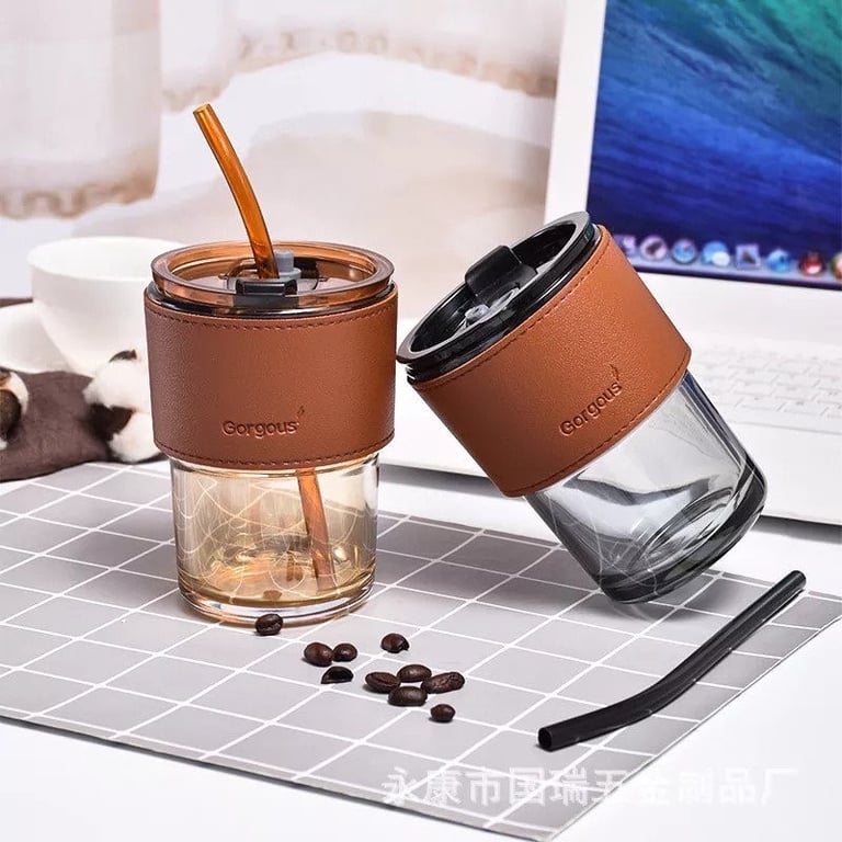 Set 2 Cốc Thủy Tinh 450ML Bọc Da Cao Cấp Tặng Kèm Ống Hút