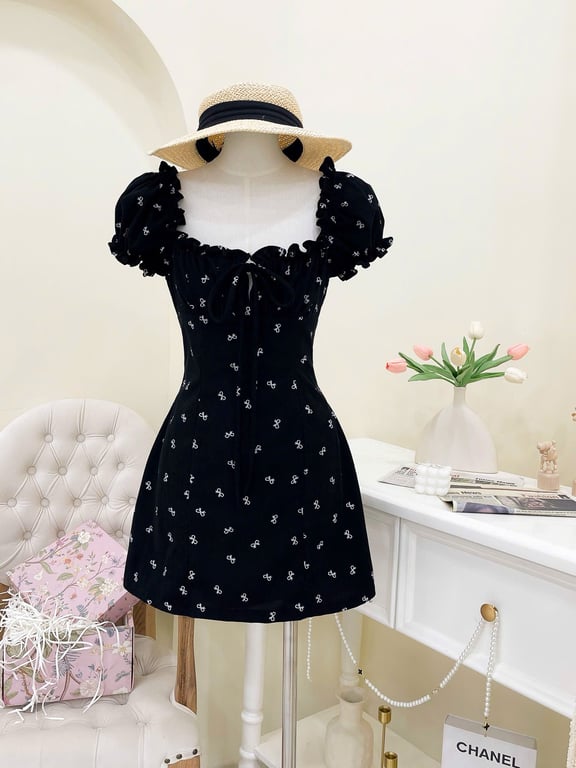 Váy nơ nhí vải tăm đen - freesize SM