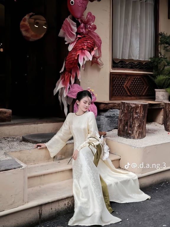 Áo dài be viền xanh lá cổ tròn quần xanh