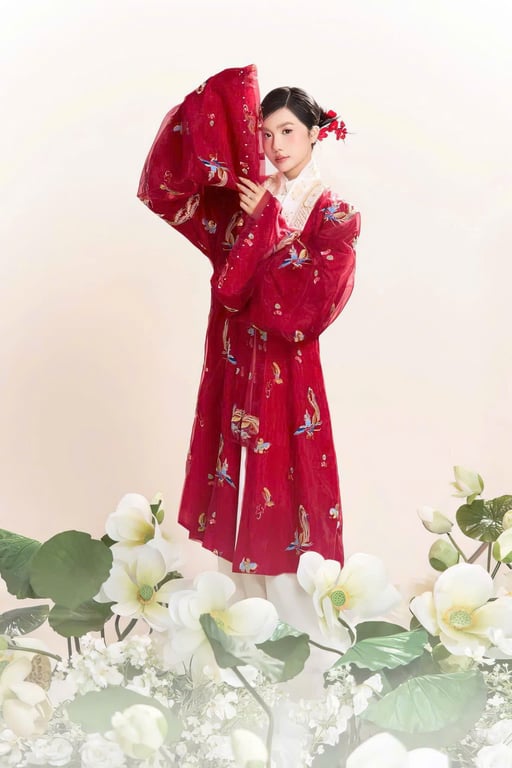 Set Nhật Bình tơ thêu đỏ