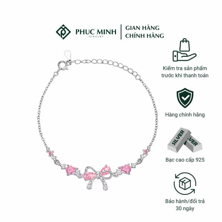 Lắc tay bạc PMJ vòng tay nữ mặt nơ xinh đính đá hồng