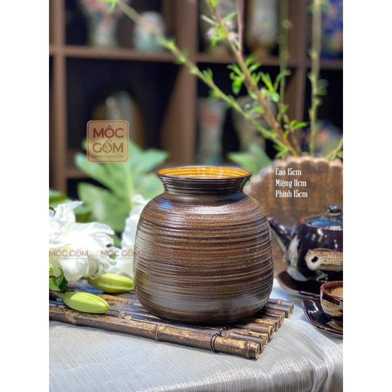 Bộ 3 chiếc bình men mộc gốm Bát Tràng dáng ''quốc dân''