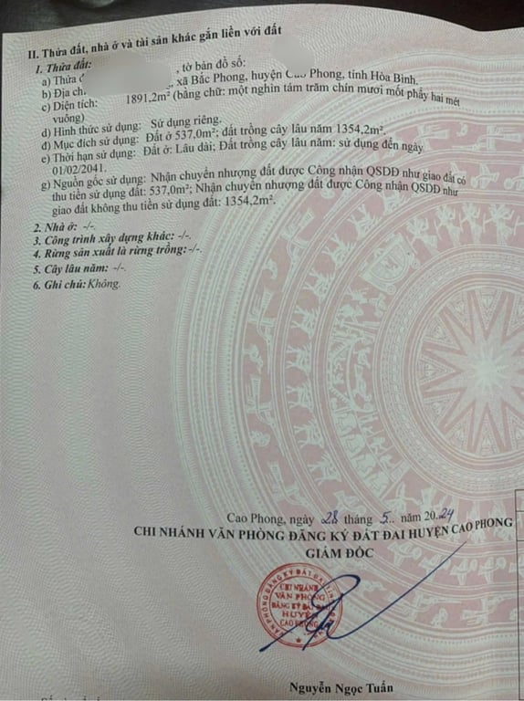 Diện tích 1891m2 có 537m2 thổ cư tại Bắc Phong, Cao Phong