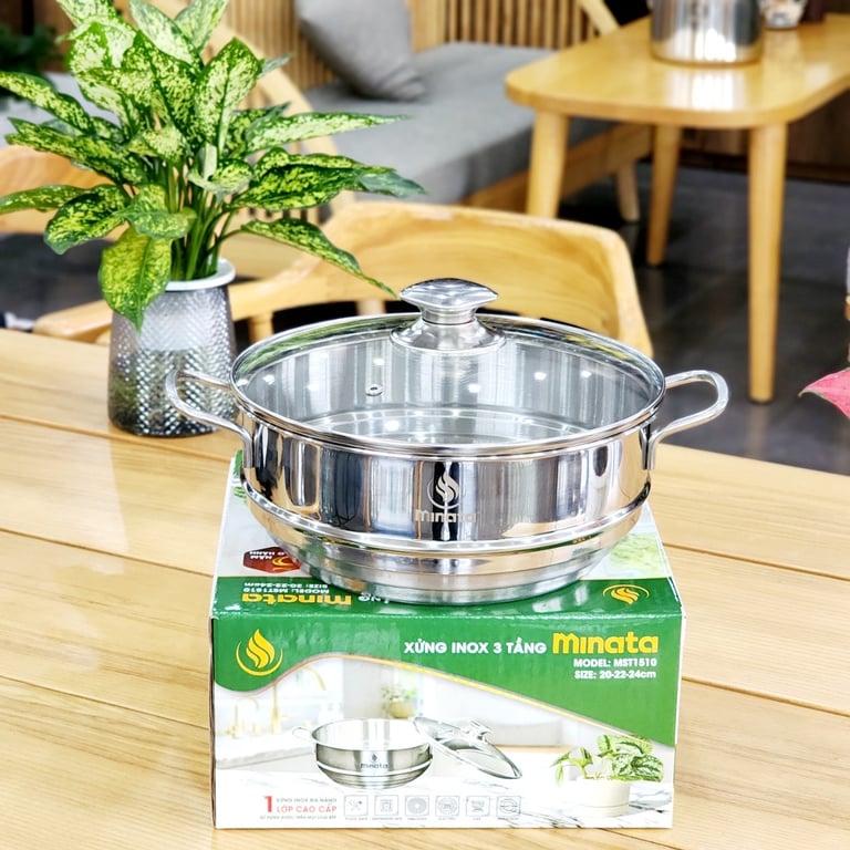 Xửng hấp 3 nấc inox - kèm VUNG KÍNH Minata size 24cm