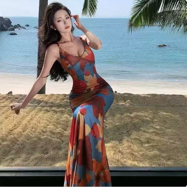 Đầm maxi thắt lưng họa tiết nhiệt đới