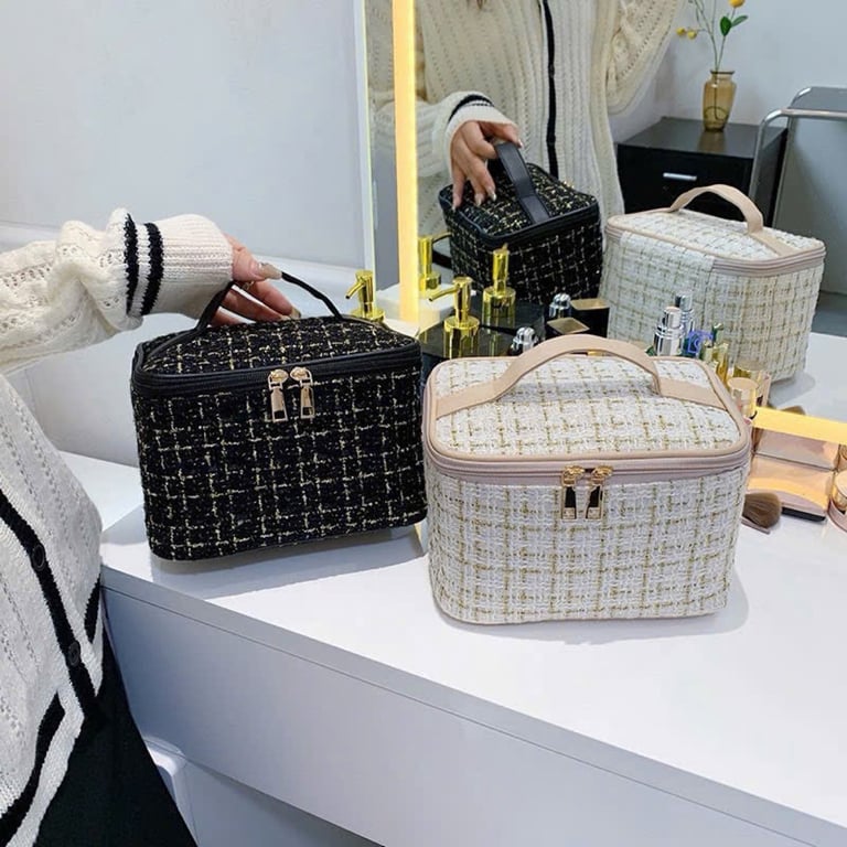 Túi đựng mỹ phẩm hình hộp chất liệu vải dạ Tweed sang trọng