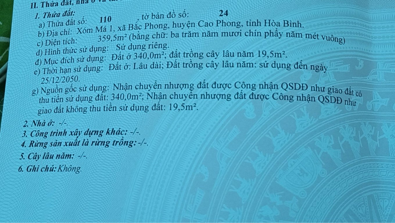 Lô góc 2 mặt đường tại Bắc Phong, Cao Phong 360m2 trong đó có 340m2 thổ cư