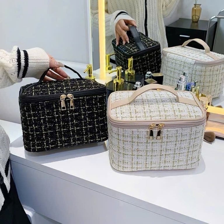 Túi đựng mỹ phẩm hình hộp chất liệu vải dạ Tweed sang trọng