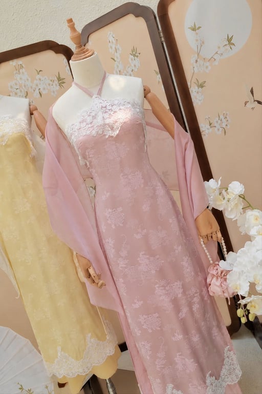 AD yếm lụa viền ren hồng kèm khăn S/M