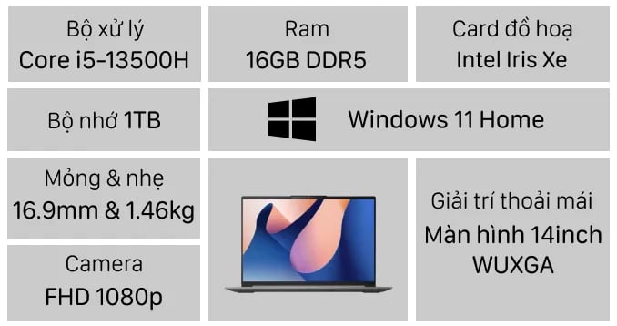 Laptop Lenovo IdeaPad Slim 5 14IRL8 82XD008LVN (Core i5-13500H | 16GB | 1TB | Intel Iris Xe | 14 inch WUXGA OLED | Win 11 | Xám)