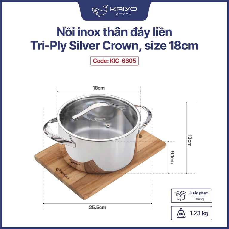 Nồi inox thân đáy liền Tri-Ply Silver Crown Kaiyo sz 18-20-24❤️