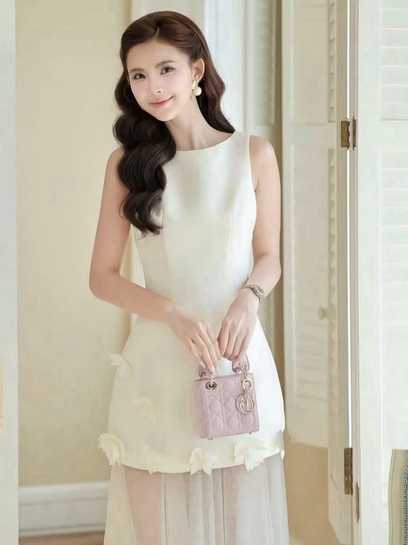 Đầm dự tiệc dáng dài voan phối hoa