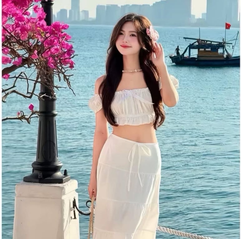 Sét Váy Đi Biển Croptop trắng