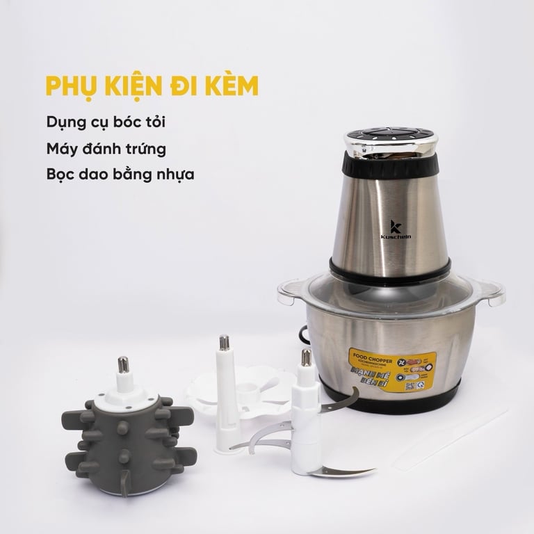 Máy Xay KUSCHELN 2L Cối Inox 304 Kèm Đầu Bóc Tỏi, Đánh Trứng