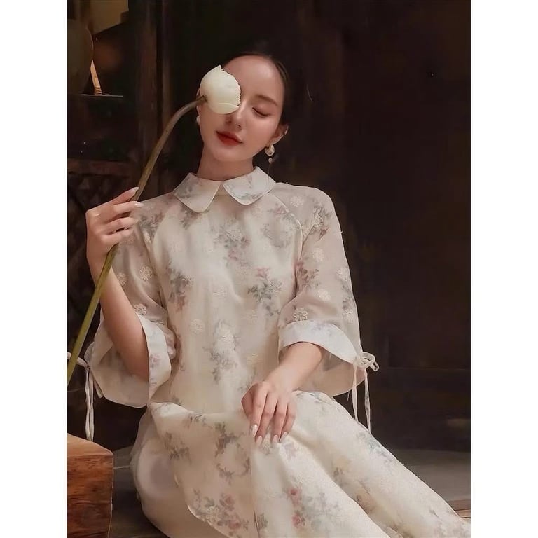 Áo dài linen thêu hoa - freesize S M