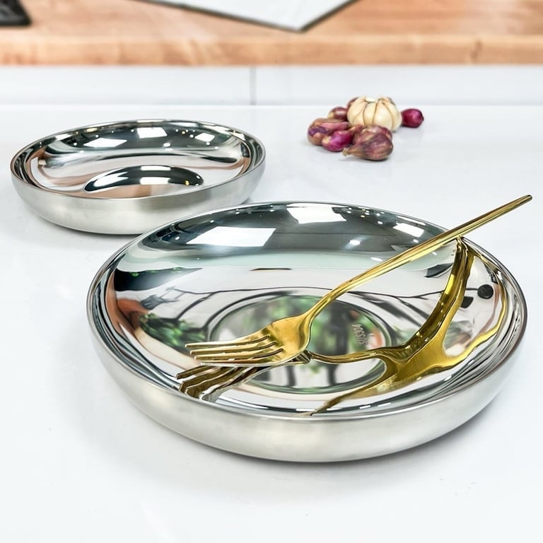 SET 3 ĐĨA 2 LỚP INOX CHÂN KHÔNG CÁCH NHIỆT NHẬT BẢN Double G inox 304 (Size 18cm+20cm)