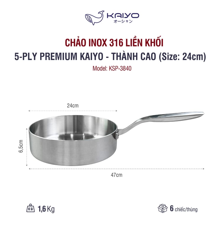 Chảo inox 316 liền khối 5-ply Premium Kaiyo - thành cao