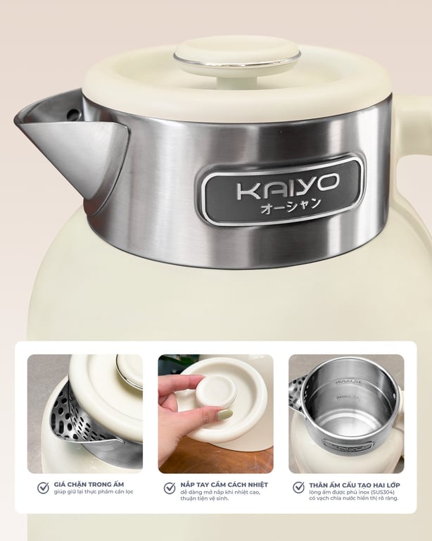 Ấm siêu tốc 2 lớp Cool touch Kaiyo 1.5L