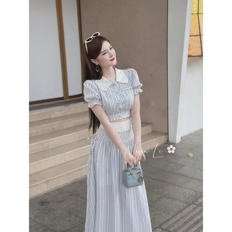 Set sơ mi cổ sen phối chân váy dài