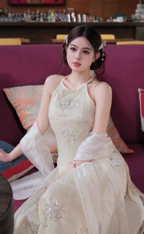 AD yếm ren đá kem kèm khăn S/M