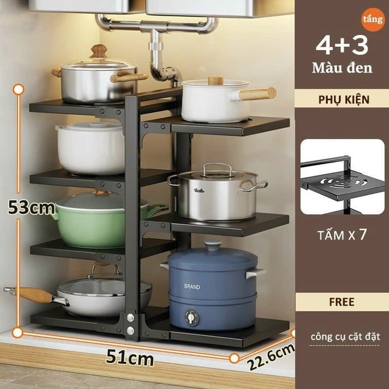 Kệ để xoong nồi nhiều tầng, kệ để đồ gầm bếp và tủ bếp tiện lợi HK07 (đen/trắng)