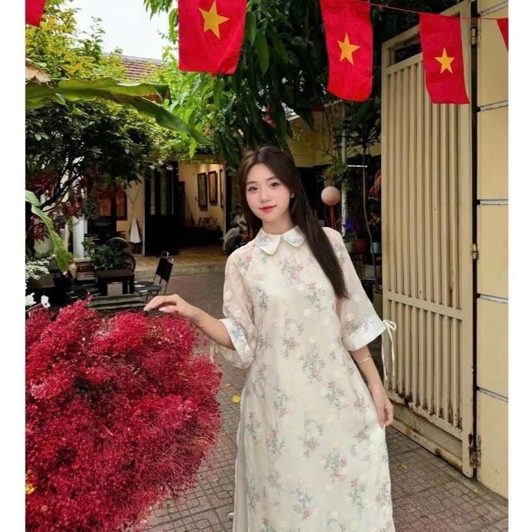 Áo dài linen thêu hoa - freesize S M