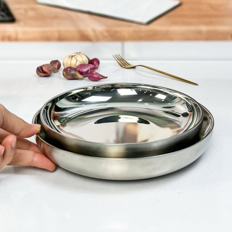 SET 3 ĐĨA 2 LỚP INOX CHÂN KHÔNG CÁCH NHIỆT NHẬT BẢN Double G inox 304 (Size 18cm+20cm)
