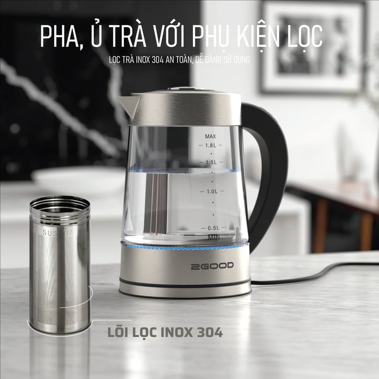 ẤM SIÊU TỐC 2GOOD G18 1.8L KÈM LÕI LỌC