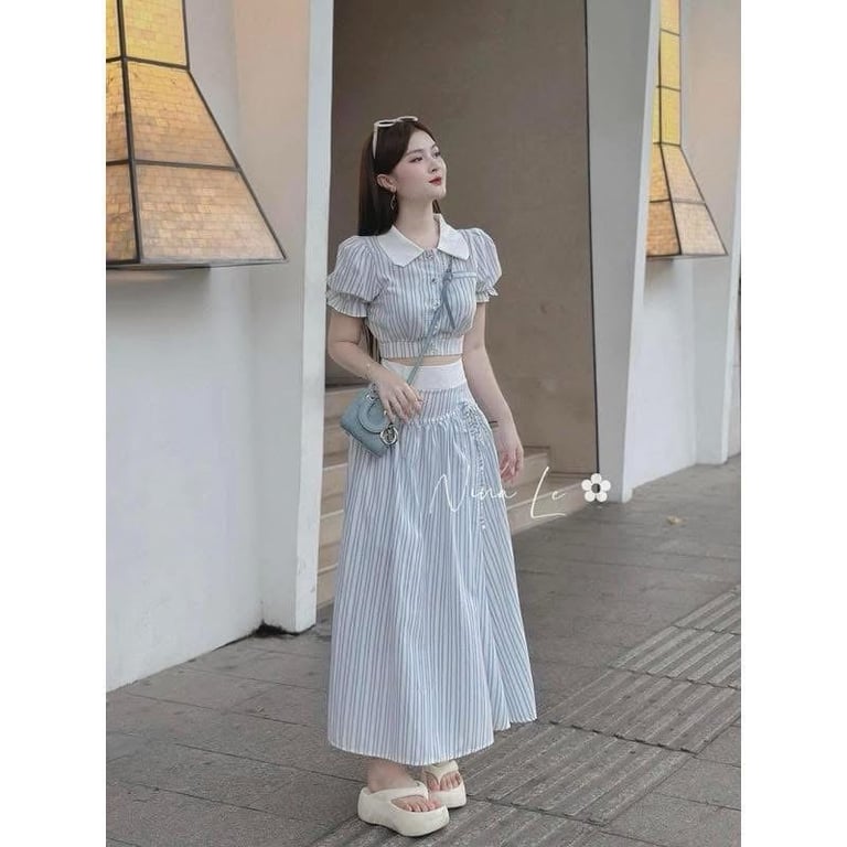 Set sơ mi cổ sen phối chân váy dài