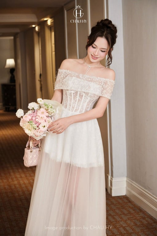 Đầm đi tiệc ren trễ vai/ cúp ngực Châu Hy