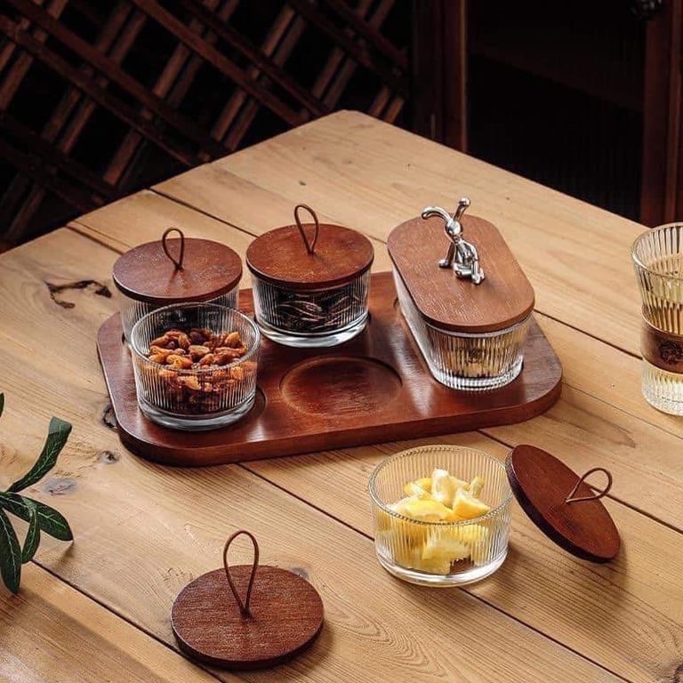Set_hũ_đựng hạt kèm khay gỗ vintage nắp thỏ siêu xinh
