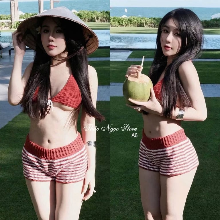 Set bộ len đi biển phối áo bra quần short sọc kẻ