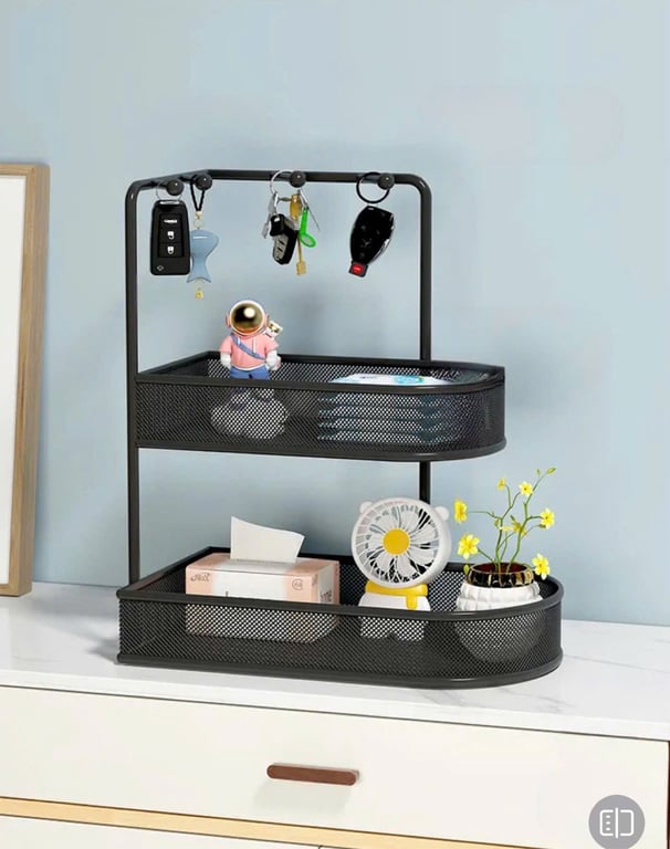 Kệ Inox 2 Tầng Có Thanh Cheo Kèm 5 Móc Tiện Lợi , Có Khay Mắt Cáo Đựng Đồ Đa Năng 📌