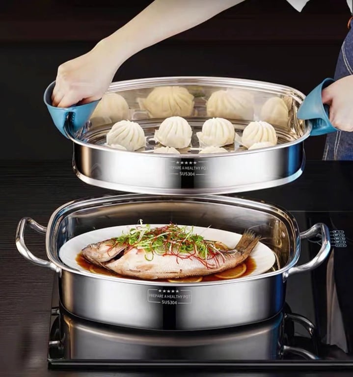 RK718 - NỒI HẤP CÁ 2 TẦNG INOX 304