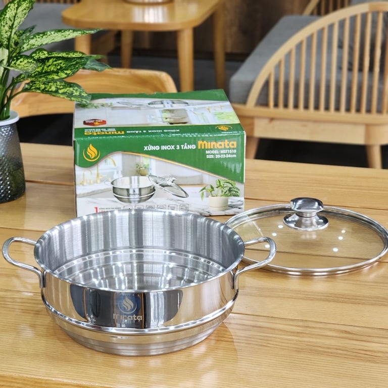 Xửng hấp 3 nấc inox - kèm VUNG KÍNH Minata size 24cm