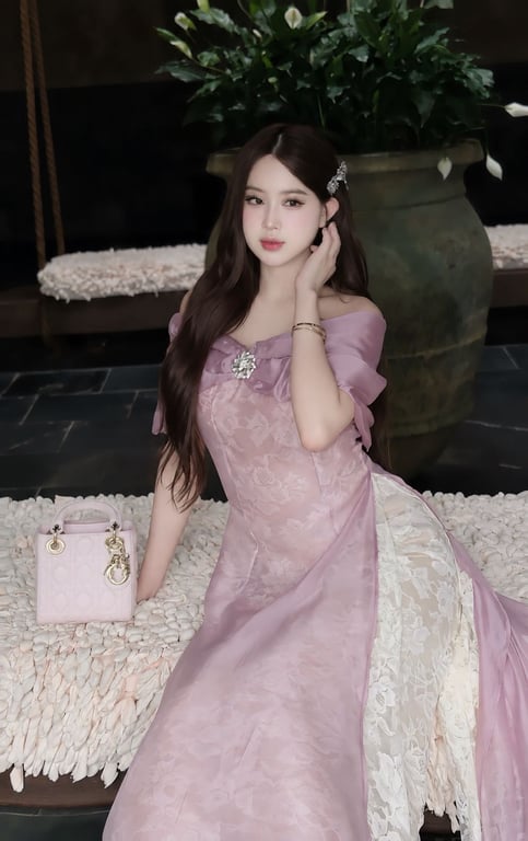 AD trễ vai nơ hồng lót ren S/M/L
