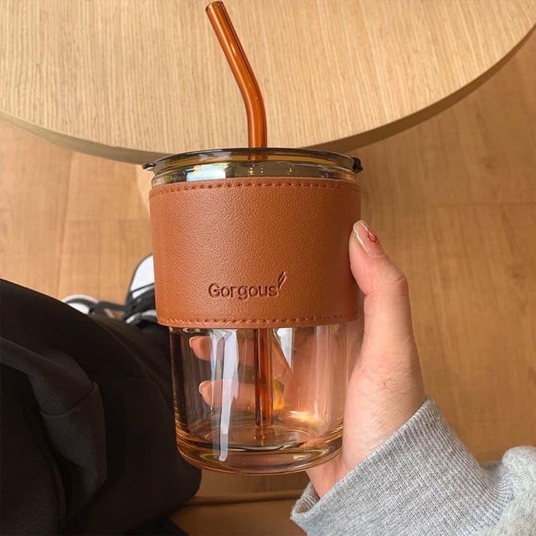 Set 2 Cốc Thủy Tinh 450ML Bọc Da Cao Cấp Tặng Kèm Ống Hút