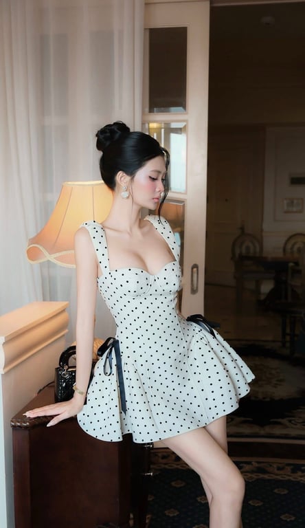 Đầm xoè dự tiệc 2 dây chấm bi