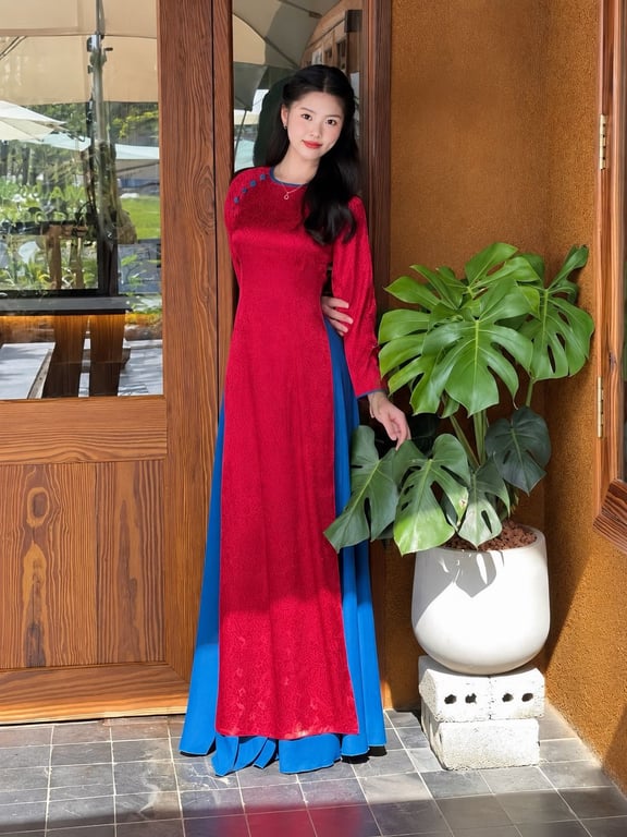 AD gấm đỏ cổ tròn viền xanh (S->XXXL)