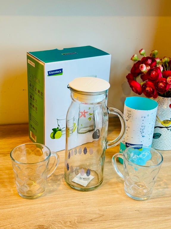 BỘ BÌNH KÈM 2 CỐC THUỶ TINH CƯỜNG LỰC HÀN QUỐC GLASSLOCK 1000 + 280ML🥂GL1614