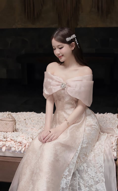 AD trễ vai nơ be lót ren S/M/L
