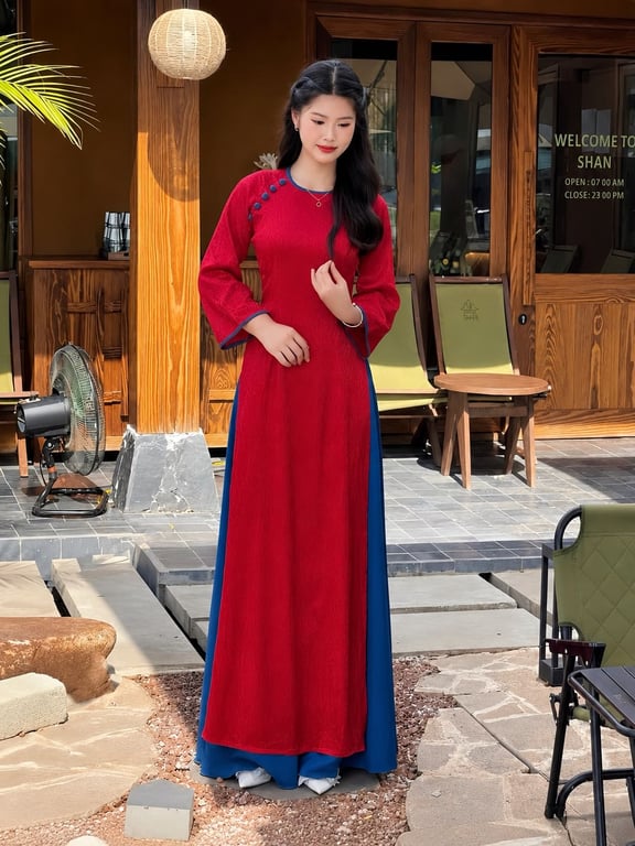 AD gấm đỏ cổ tròn viền xanh (S->XXXL)