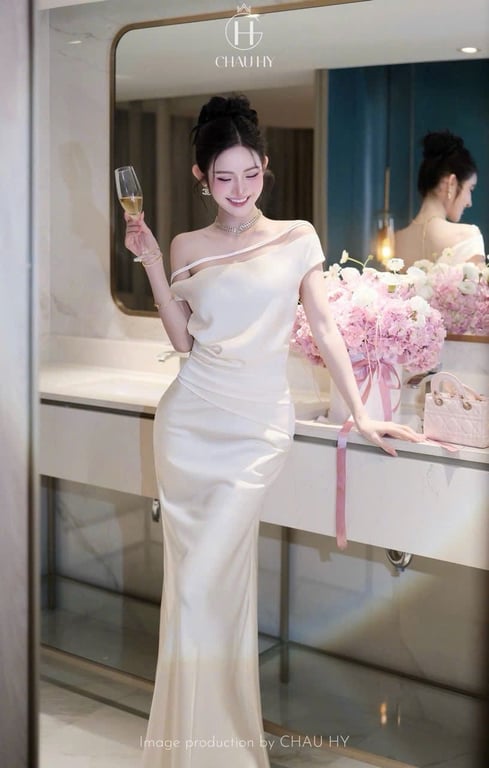 Váy lụa dáng dài 2 dây rơi trước ngực