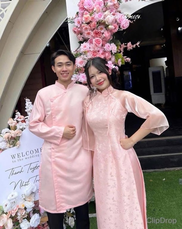 Áo dài bưng quả nam hồng cam
