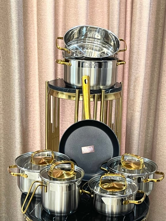 Bộ nồi inox 3 đáy 7 món kèm xửng hấp Gold Max