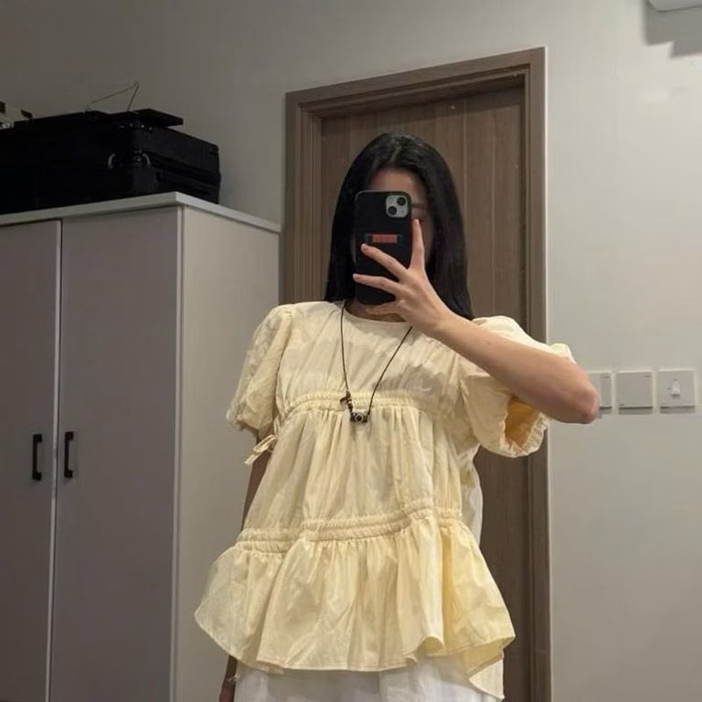 Áo Sơmi Babydoll Cổ Tròn Tay Bồng